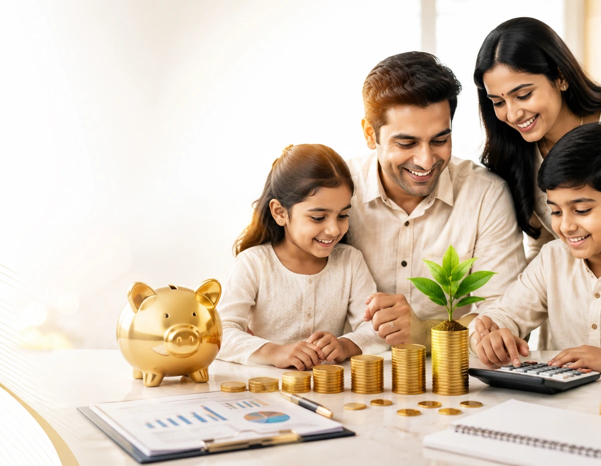 Indian family with a golden piggy bank, growing coin stacks and financial planning documents, representing disciplined chit fund savings