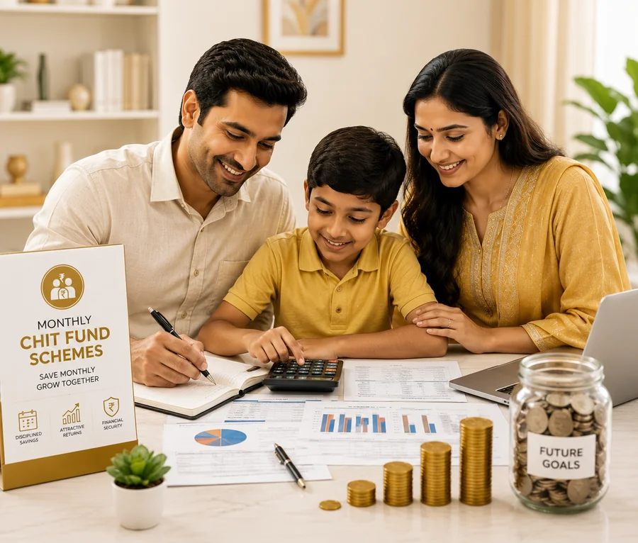 Together Today, Prosperous Tomorrow — family saving together with a piggy bank and growing coin stacks, representing monthly chit fund schemes