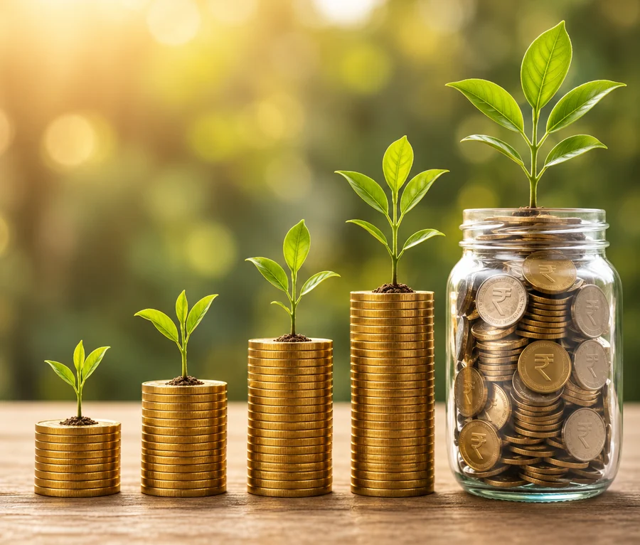 Growing coin stacks with young plants and a jar of rupee coins, representing steady savings and wealth growth
